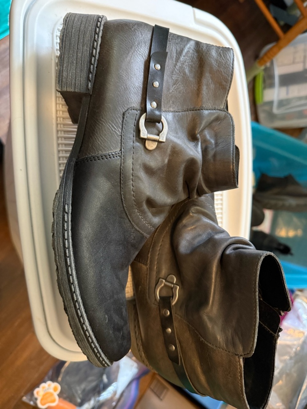 Women's two tone black Leather Ankle Booties with Buckle Strap